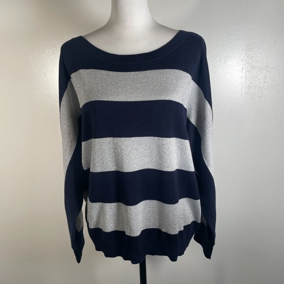 Liz Claiborne Navy Blue Silver Striped Boat Neck Tight Knit Pullover Sweater XL - Picture 2 of 13